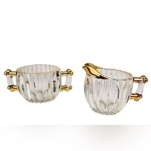 Vintage Creamer & Sugar Bowl Set – Ribbed Glass, Hobnail Base, Gold Trim